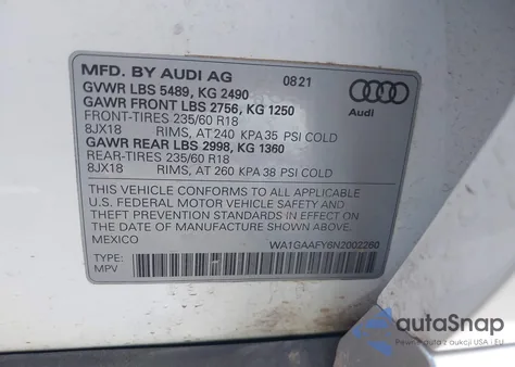 2022 Audi Q5 Premium 45 Tfsi S Line Quattro S Tronic z USA, uszkodzony, nr VIN WA1GAAFY6N2002260